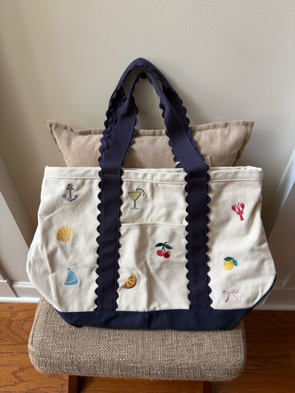 Large Canvas Embroidered Beach Tote with Scalloped Navy Trim